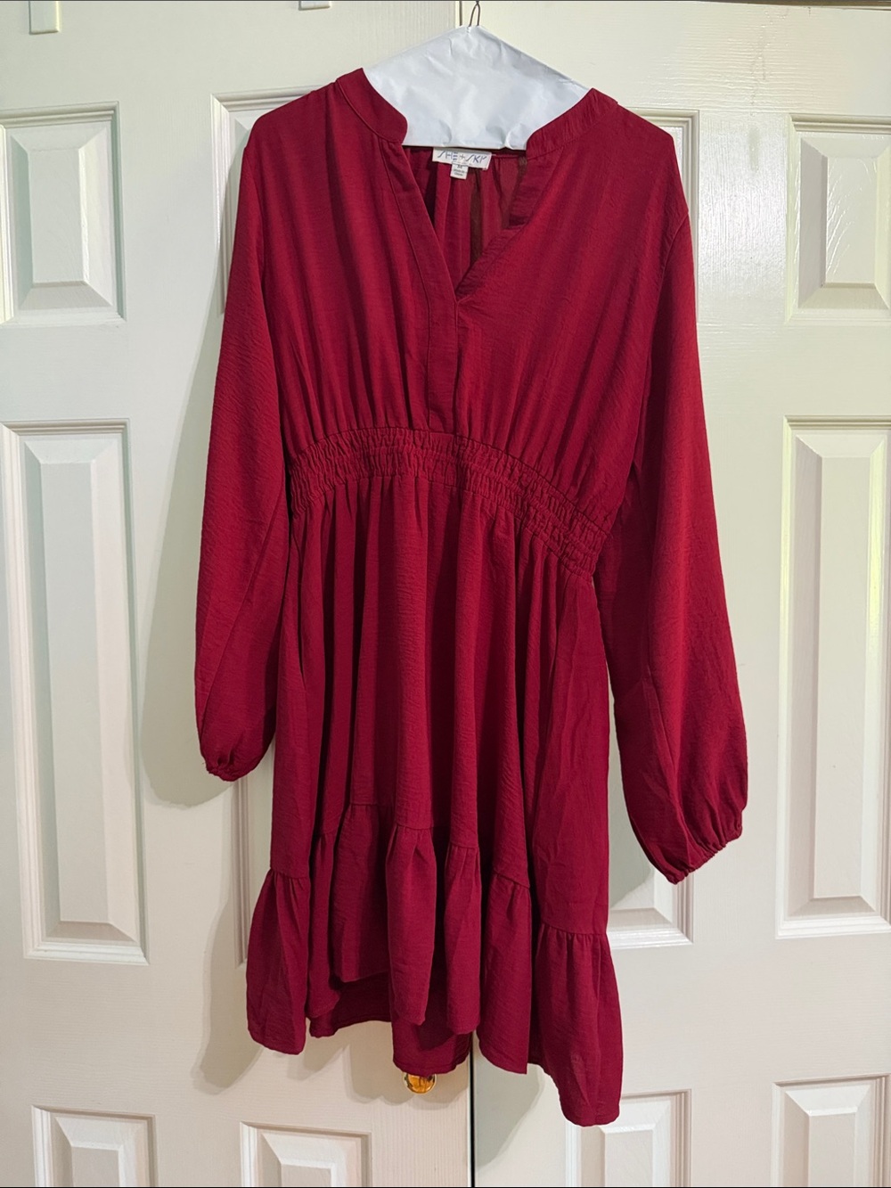 She + Sky Long Sleeve Red Smocked Waist Tiered Dress